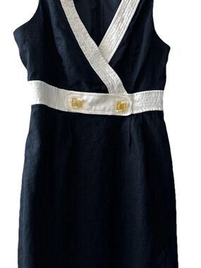 Donna Morgan Navy White Trim Sleeveless V-Neck & button embellishment Linen dres